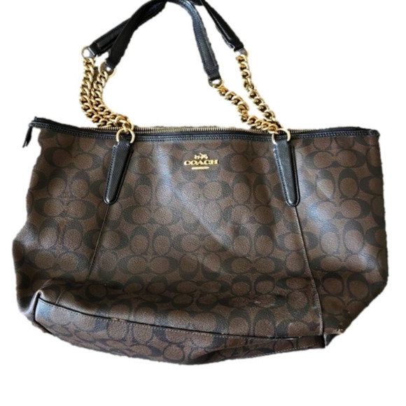 Coach Ava Chain Tote Signature Canvas in Brown/Black Authentic - Picture 1 of 7
